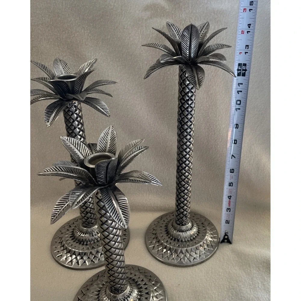 Vintage Set 3 Metal Palm Tree Taper Candle Holders Silver Blackwash Felt Bottom